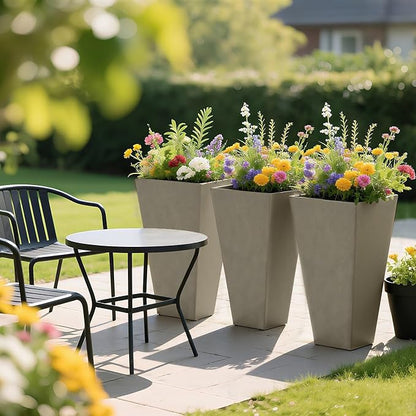Outsunny Tall Planters for Outdoor Plants Set of 3, 28 in Taper Planters with Drainage Holes, Indoor Grande Plant Pots, Front Porch Decor, Grey