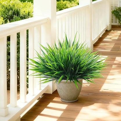 12Pcs Artificial Plants Outdoor Fake Plastic Grass Spring Decoration UV Resistant Faux Greenery Stems Bushes Outside Fake Plants for Planters Patio Porch Window Box Pathway Garden Home Decor, Green
