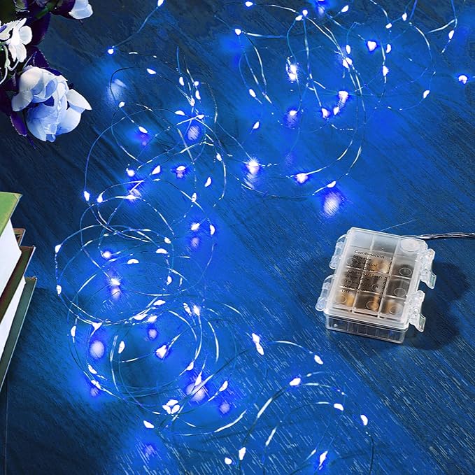Indoor String Lights, Blue LED Battery Operated with Remote, 65.6 Ft