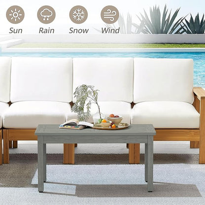 LUE BONA Outdoor Coffee Table Rectangle, 42.5" HDPS Patio Coffee Tables for Outside, All Weather Patio Coffee Table with Slatted Tabletop for Deck, Garden, Balcony, Indoor or Outdoor Use, Light Gray