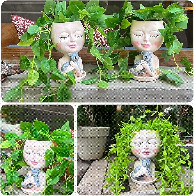 Face Plant Pots Head Planters - Face Flower Pot Head Planter with Cat, Succulent Pots with Drainage Hole, Resin Lady Planter for Indoor Outdoor, Home Decor, Mother's Day/Women Gifts