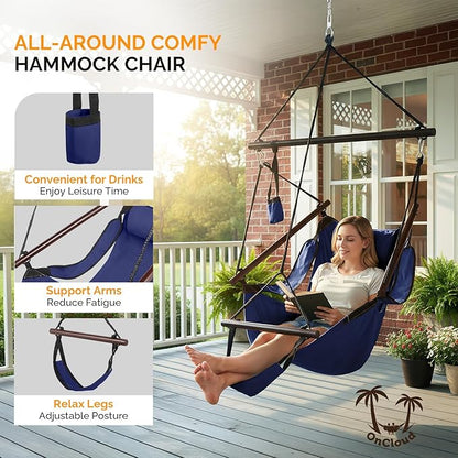 ONCLOUD Upgraded Unique Hammock Hanging Sky Chair, Air Deluxe Swing Seat with Rope (Navy Blue)