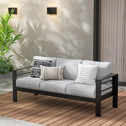 Wisteria Lane Patio Furniture Aluminum Sofa, All-Weather Outdoor 3 Seats Couch, Black Metal Chair with Light Grey Cushions