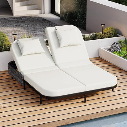 Merax Outdoor Daybed,Patio Rattan Daybed with Adjustable Backrest,Patio Wicker Loveseat Lounger,Outdoor Bed Loveseat Sofa Set with Pillows and Cushions for Garden, Backyard, Poolside,Black+Beige