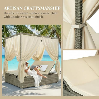 Harper & Bright Designs Adjustable Outdoor Sun Lounger with Canopy,Multi-Position Recline Patio Chair with Removable Cushion,Weather-Resistant Rattan Chaise Lounge for Poolside,Garden & Terrace,Beige