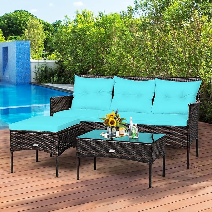 Conversation Set, 3-Piece Turquoise Wicker Patio Sofa with Glass Table