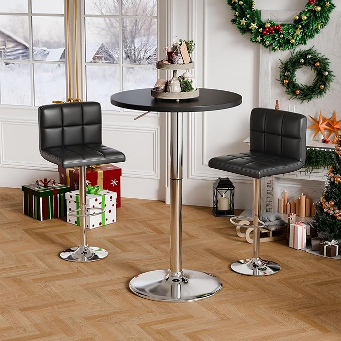 Flamaker Round Bistro Pub Table 23.6 Inch Height Adjustable 360° Swivel Bar Table Metal Base for Pub, Dining Room, Party (1, Black-Silver)