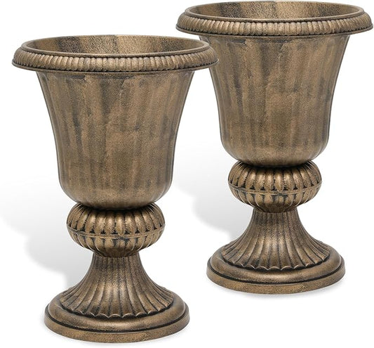 Athena Collection 20''H Bronze Garden Plastic Urn - Vintage Tall Large Planter for Indoor Outdoor Patio Porch, 2 Pieces Flower Pot, Bronze