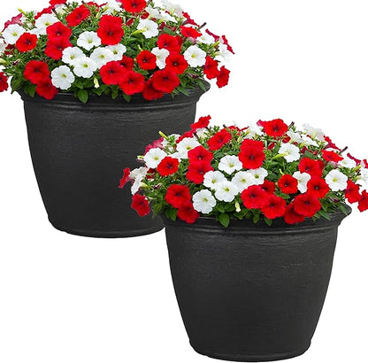 Sunnydaze 24-Inch Anjelica Large Plastic Pot for Plants - Outdoor Double-Walled Large Plastic Planter with Drillable Drainage Holes - Matte Black - 2pk