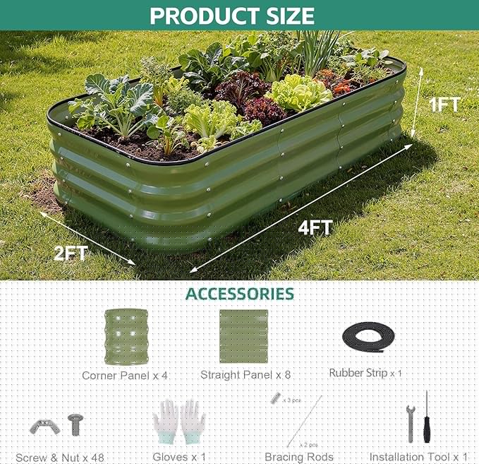 3 in 1 Galvanized Raised Garden Bed - 4x2x1ft Modular Garden Planter Bed Outdoor | Steel Raised Bed Kit with Bracing Rods, Gloves for Gardening Vegetables Fruits and Flowers (Green)