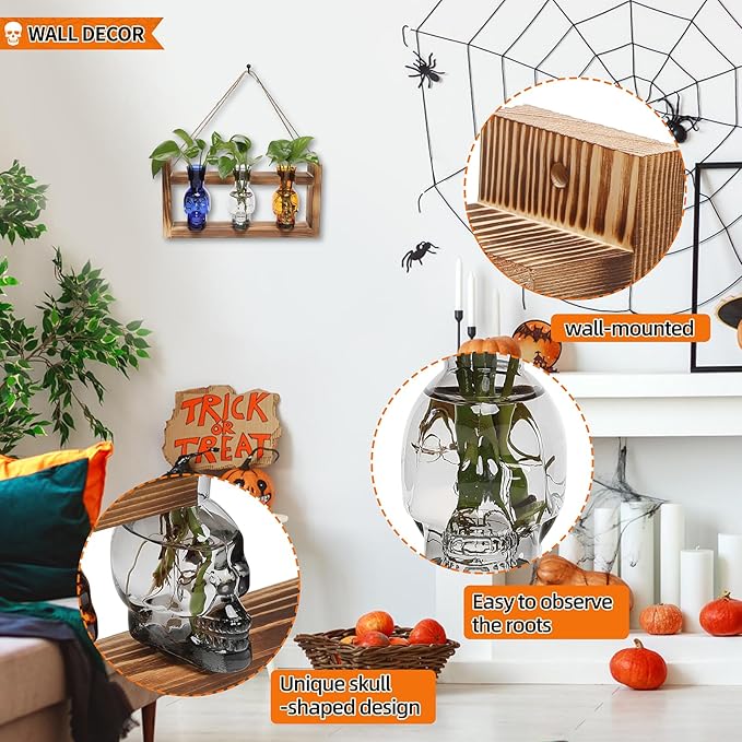 Terrarium Propagation Station Set, Skull Glass Vases with Wood Stand, 3 Pieces