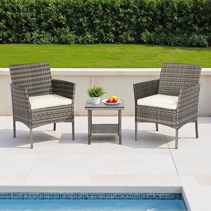 FDW | 3-Piece Patio Furniture Set | Gray & Khaki | Outdoor Wicker Furniture with Coffee Table | Modern Rattan Chairs Conversation Set | Outdoor Seating | Weather-Resistant | for Porch, Garden, Lawn