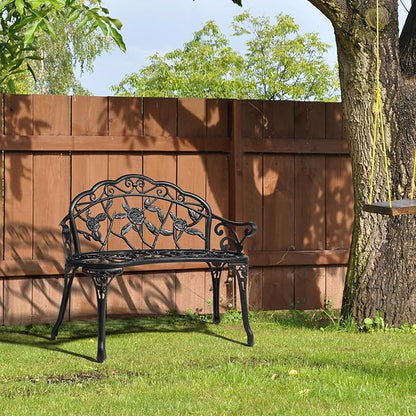 VINGLI 38.5" Patio Park Garden Outdoor Metal Rose Bench, 2-Person Cast Iron Cast Aluminium Frame Antique Finish Chair,Accented Lawn Front Porch Path Yard Decor Deck Furniture (Black, Rose)