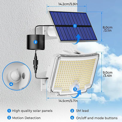 Peasur 1 Pack Solar Motion Lights Outdoor, 318 LED Solar Security Light with 3 Modes, IP65 Waterproof Powered Flood Lights for Outside Patio Garage Yard, (Cool Light,White Frame)