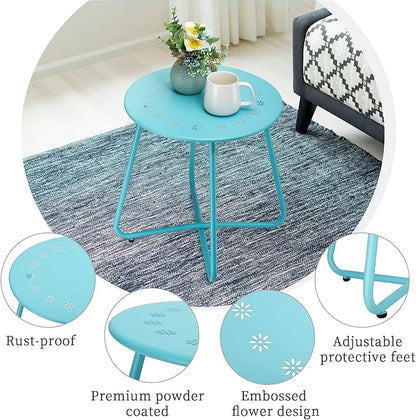 danpinera Outdoor Side Tables with Flower Cut Outs, Weather Resistant Steel Patio Side Table, Small Round Outdoor End Table Metal Side Table for Patio Yard Balcony Garden Blue