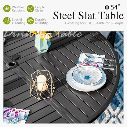 Sophia and William Swivel Patio Dining Set for 6, Outdoor Table and Chairs, Removable Seat Cushions, Black 54" Round Patio Dining Table,Blue