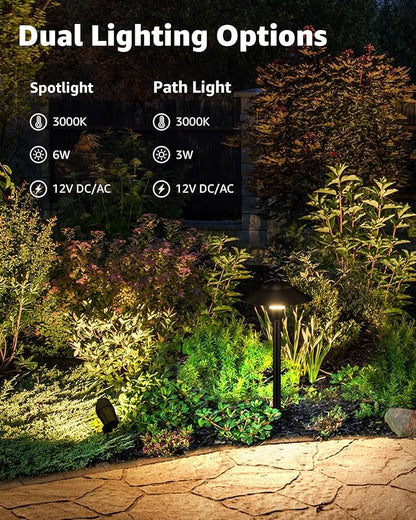 SUNVIE All-in-ONE Landscape Lighting Kit 6-Pack LED Outdoor Pathway Lights, 2-Pack Spotlights, 60W Transformer, 100FT 16/2 AWG Wire and Connectors Outdoor Landscape Lighting for Walkway Garden Yard