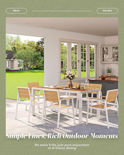 5-Piece Outdoor Dining Set, Aluminum Dining Table Set for 4, Patio Table and Chairs Set with Umbrella Hole, All Weather HDPS Outdoor Table and Chairs for 4 (White-Teak)
