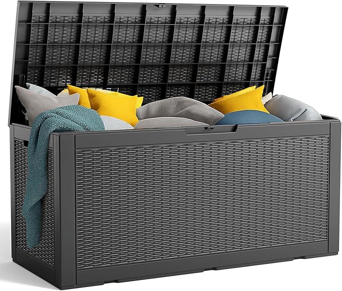 Deck Box, Black Resin Outdoor Storage, 100 Gallon Capacity