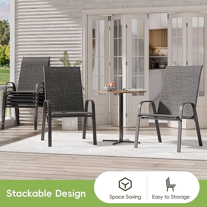 Patio Dining Chairs, Set of 6, Dark Grey Steel Frame, Stackable