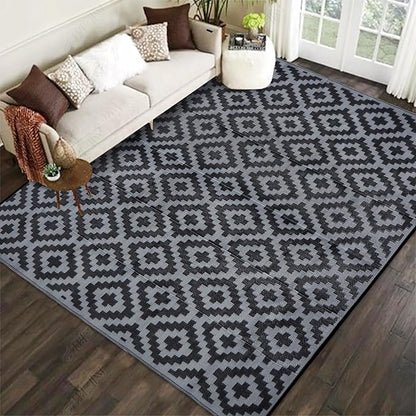 SAND MINE Waterproof Outdoor Rug 8x8 ft, Plastic Reversible Rug, Modern Area Rug, Large Floor Mat for Outdoors, RV, Patio, Backyard, Deck, Picnic, Beach, Camping (8' x 8', Black Grey Lattice)
