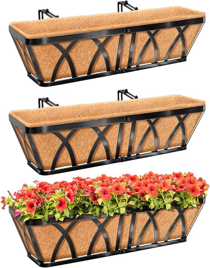 Riare 3 Pack 24 Inch Metal Railing Planter Window Box with Coco Liner- Adjustable Window Flower Boxes for Railings, Hanging Rail Planters for Deck, Balcony, Porch, Fence, Indoor Outdoor Plants