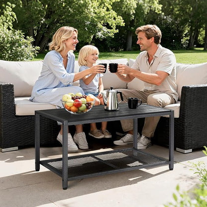 VINGLI Outdoor Coffee Table with Double-Layer Storage, Rectangle Weather-Resistant Patio Coffee Table for Garden, Balcony, Hot Tub, Poolside, Heavy-Duty Metal Frame, Black Modern Design