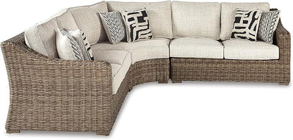 Signature Design by Ashley Beachcroft Costal Nuvella Weather Resistant Fabric 3-Piece Outdoor Seating Set with Zippered Removable Cushions and 6 Accent Pillows, Light Brown & Beige