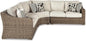 Signature Design by Ashley Beachcroft Costal Nuvella Weather Resistant Fabric 3-Piece Outdoor Seating Set with Zippered Removable Cushions and 6 Accent Pillows, Light Brown & Beige