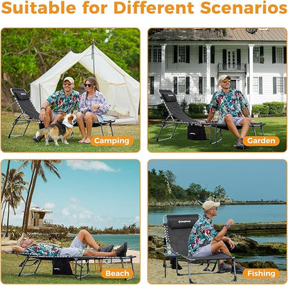 KingCamp Oversize Lounge Chair Outdoor, Extra Large Padded Folding 5 Positions Chaise Tanning Chairs with Pillow & Side Table for Outside Sunbathing Beach Patio Pool Camping (Black)