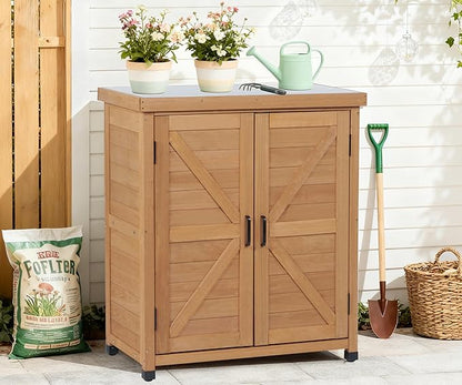 Outdoor Potting Bench with Storage Cabinet and Metal Top, Wood Workstation for Outdoor Patio, Garden (Light Brown, 31x17x36‘’)