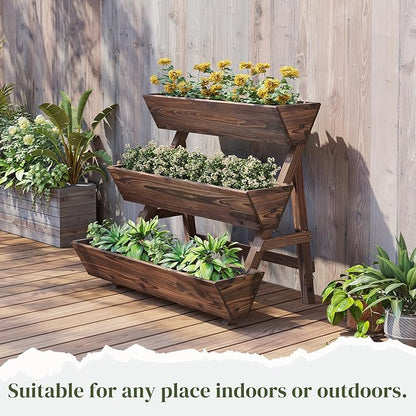 3-Tier Wooden Vertical Raised Garden Bed with Legs, Tiered Planter Box, Vertical Garden Planter,Wood Plant Stand Wood Flower Rack for Patio, Balcony, Freestanding. (Carbonized-Large)