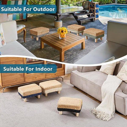 Wimarsbon Natural Seagrass Footstool Ottoman Rectangular Footrest Pouf Ottomans with Wooden Legs Hand Weave Step Stool for Living Room Bedroom Entryway White