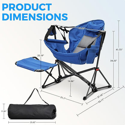 Ainfox Hammock Camping Chair with Footrest, Foldable Portable Rocking Chairs for Adults Outside Swinging Camp with Cup Holder Pillow for Outdoor Patio Poolside (Blue)