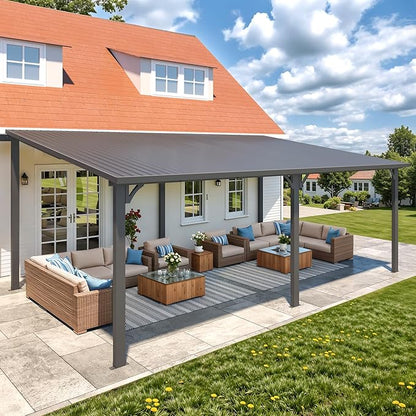 AECOJOY 20' x 12' Outdoor Gazebo Hardtop Pergola for Patio, Large 12x20 Galvanized Steel Heavy Duty Lean to Gazebo Wall-Mounted Pergolas and Gazebos Clearance, Metal Patio Roof Awnings for Backyard