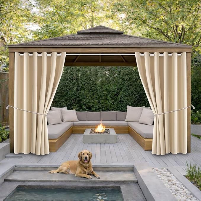 Waterproof Outdoor Curtain W84 x L84 - Grommet Top Sunlight Blocking Window Treatment Drapes Blackout Curtains for Home Bedroom Living Room Patio Porch Cabana Gazebo (Beige, 2 Panels)