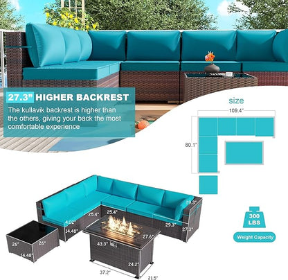 Kullavik 8 Pieces Outdoor Patio Furniture Set with 43" 55000BTU Gas Propane Fire Pit Table PE Wicker Rattan Sectional Sofa Patio Conversation Sets,Blue