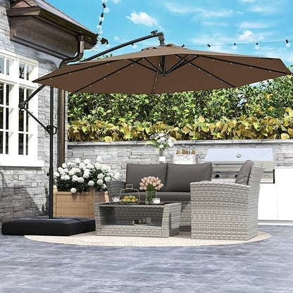 Tangkula 10ft Solar LED Patio Umbrella with Base, Offset Cantilever Outdoor Umbrella with 32 LED Lights, Infinite Tilt, 360 Degree Rotation, Crank Handle for Pool Deck Garden Backyard (Tan)