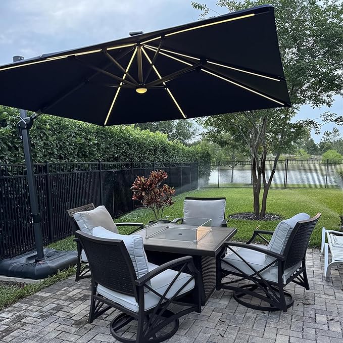 PURPLE LEAF 10 Feet Patio Umbrella with Base Outdoor Cantilever Solar Powered LED Square Umbrella Aluminum Offset Umbrella with 360-degree Rotation for Garden Deck Pool Patio, Grey
