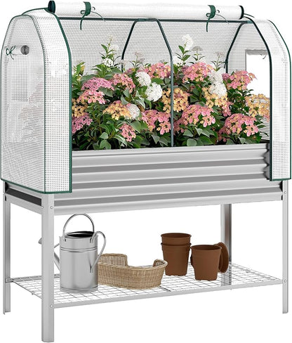 Outsunny Galvanised Raised Garden Bed with Greenhouse Cover, Metal Elevated Garden Bed with Legs, Bed Liner and Bottom Shelf, Outdoor Raised Planter Box for Vegetables, Herbs, Flowers, Silver
