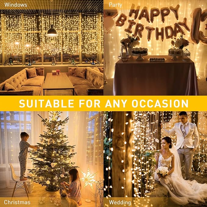 Curtain String Lights, 600 LED Warm White, 19.6 ft with Remote