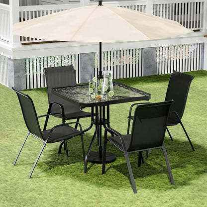 Arlopu 5 Piece Outdoor Patio Dining Set (Umbrella not Included), Porch Furniture with 4 Textline Chairs, 1 Square Glass Table for Garden, Backyard and Poolside, Lawn (Black)