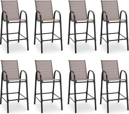 HOMREST Outdoor Bar Height Stools Set of 8,High Back Patio Chairs with Armrests,Textilene Chairs with Breathable Fabric & Metal Frame for All Weather,Taupe
