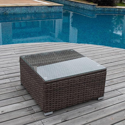 COSIEST Outdoor Furniture Brown Wicker Glass-Top Coffee Table for Expanding Sectional Sofa Set for Garden, Pool, Backyard