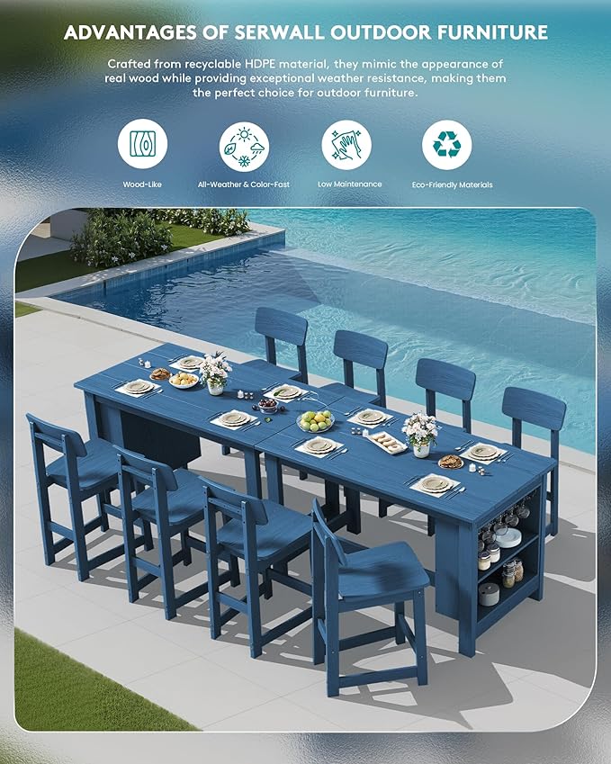 SERWALL Outdoor Bar Table and Chairs Set, 5-Piece HDPE Counter Height Patio Dining Sets with Storage and Wine Rack, Rectangular High Top Bar Table with 4 Bar Stools for Garden, Backyard, Blue