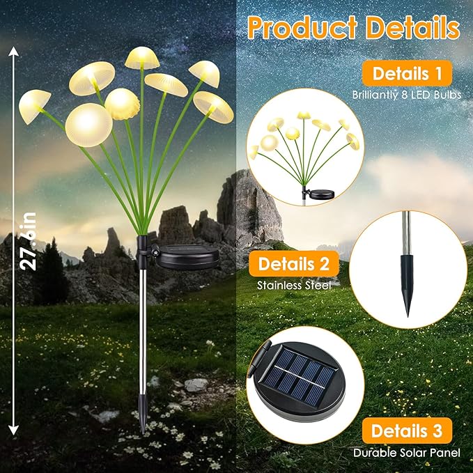 KAQ 4PK 32LED Solar Garden Lights Outdoor Waterproof | Solar Mushroom Lights for Outside Sway by Wind Firefly Fairy Light for Patio Pathway Garden Bush Yard Decorations (Warm White)