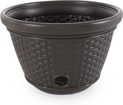 Suncast 4 Pack Wicker Hose Pot, Decorative Resin Garden Hose Storage, 100ft 5/8in Standard Vinyl Hose Capacity with 4 Drain Holes, 18in x 12in, Java