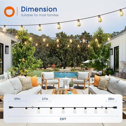addlon 25FT LED Outdoor String Lights Waterproof Patio Lights with 9 Shatterproof ST38 Replaceable Bulbs(1 Spare), Dimmable Outside Hanging Light Connectable for Porch, Backyard, 2200K Warm Yellow