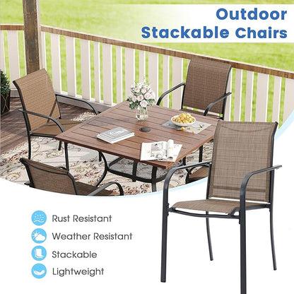 VICLLAX Patio Dining Set for 4, Outdoor Furniture Set Includes 1 Square Patio Table and 4 Stackable Patio Sling Chairs, Patio Table and Chairs for Outsides, Black Table and Brown Chairs