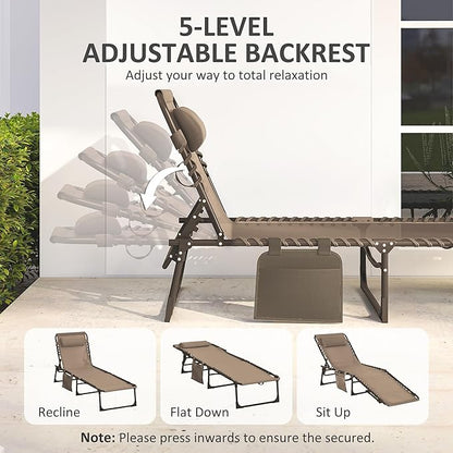 Outsunny Chaise Lounge Chair Outdoor, 5-Position Adjustable Sun Tanning Chair with Carrying Handle and Side Pocket, Folding Bed Cot with Removable Pillow for Garden, Beach, Patio, Pool, Camp, Brown